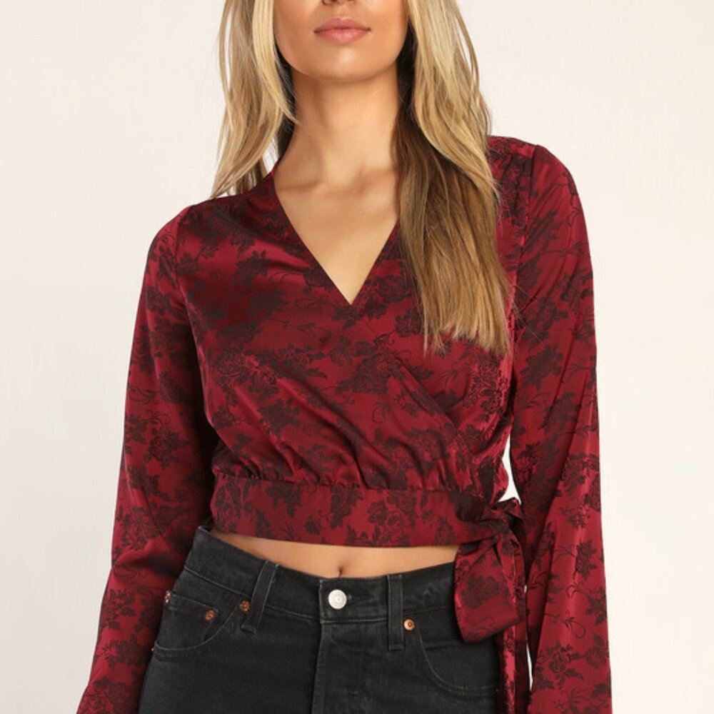Lulus Brocade You Look Burgundy Floral Jacquard Long Sleeve Wrap Top Red